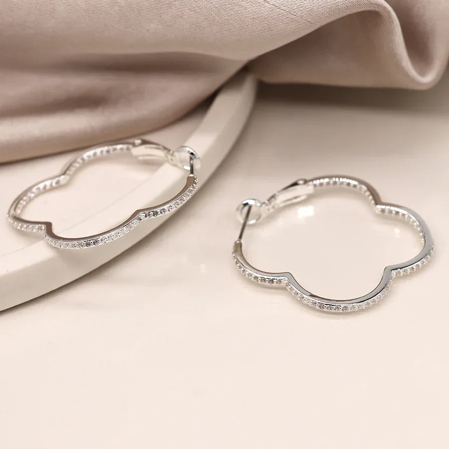 Silver Plated Large Crystal Quatrefoil Hoops
