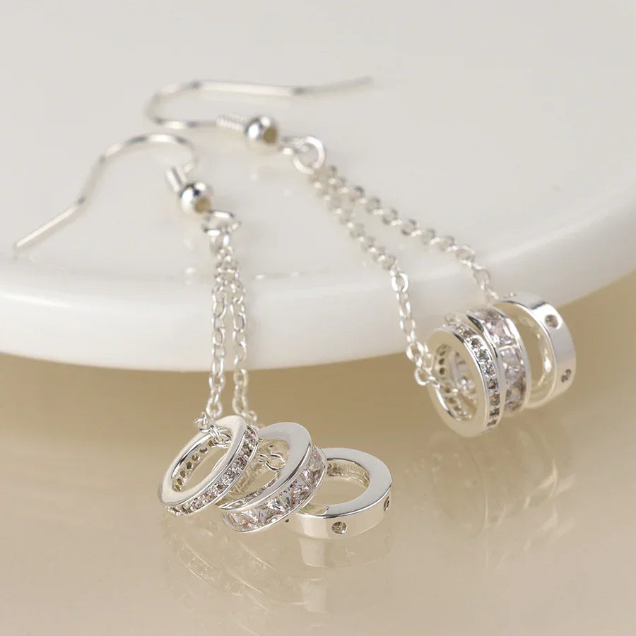 Silver Plated Triple Crystal Rings & Chain Earrings