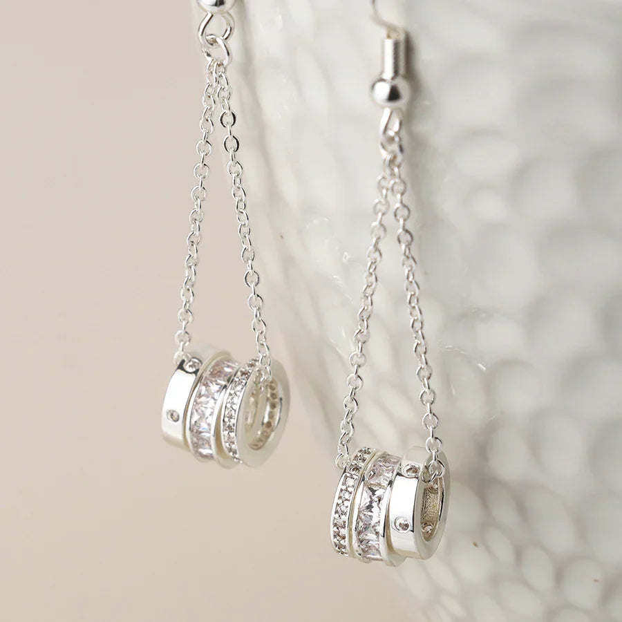 Silver Plated Triple Crystal Rings & Chain Earrings