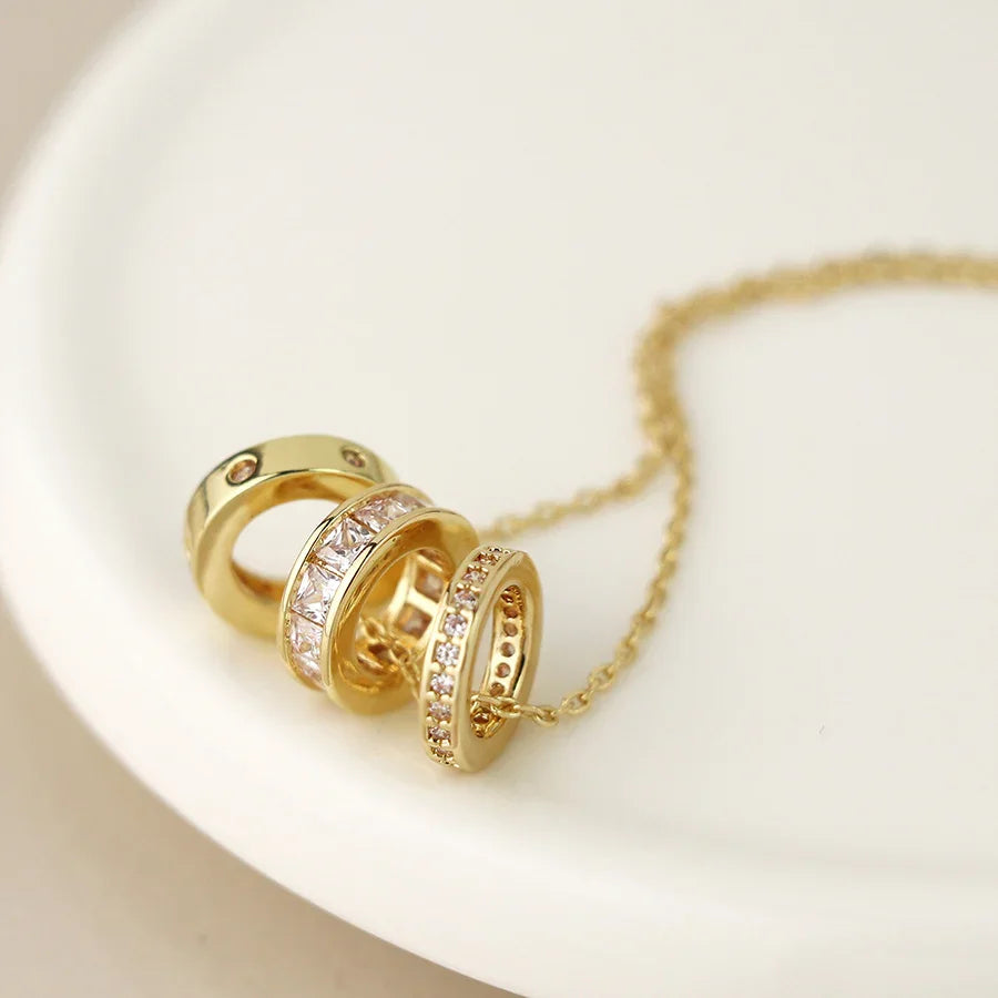 Golden Triple Mini Crystal Rings Necklace