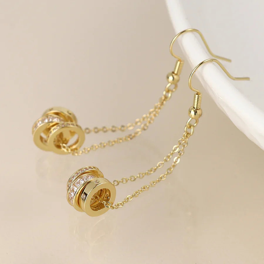 Golden Triple Crystal Rings & Chain Earrings