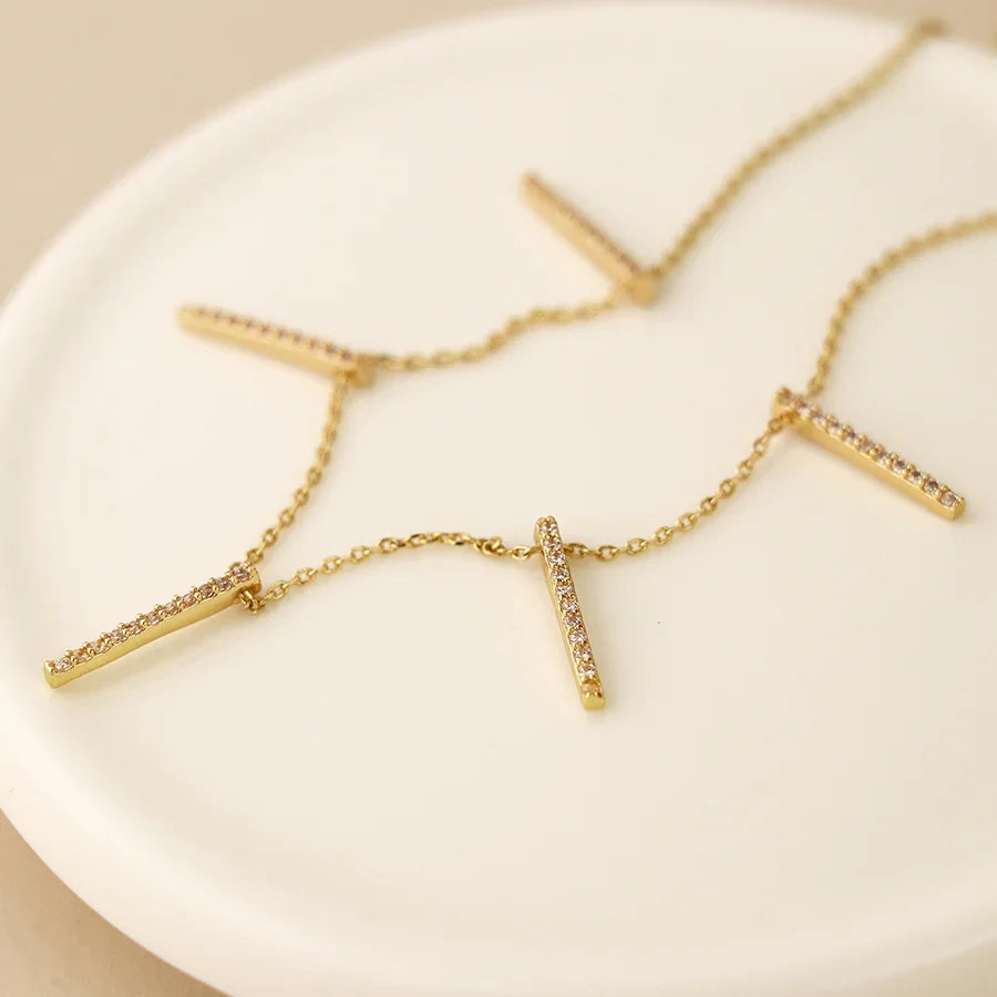 POM - Golden Fine Chain & Crystal Bars Drop Necklace