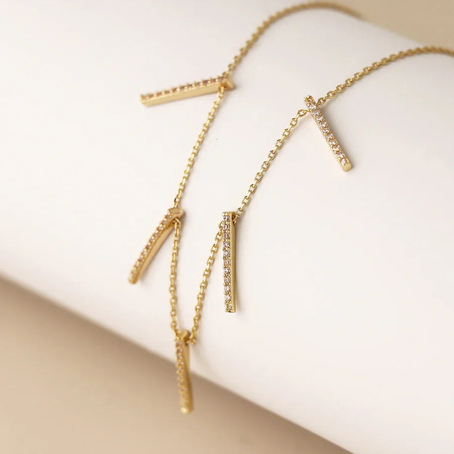 POM - Golden Fine Chain & Crystal Bars Drop Necklace