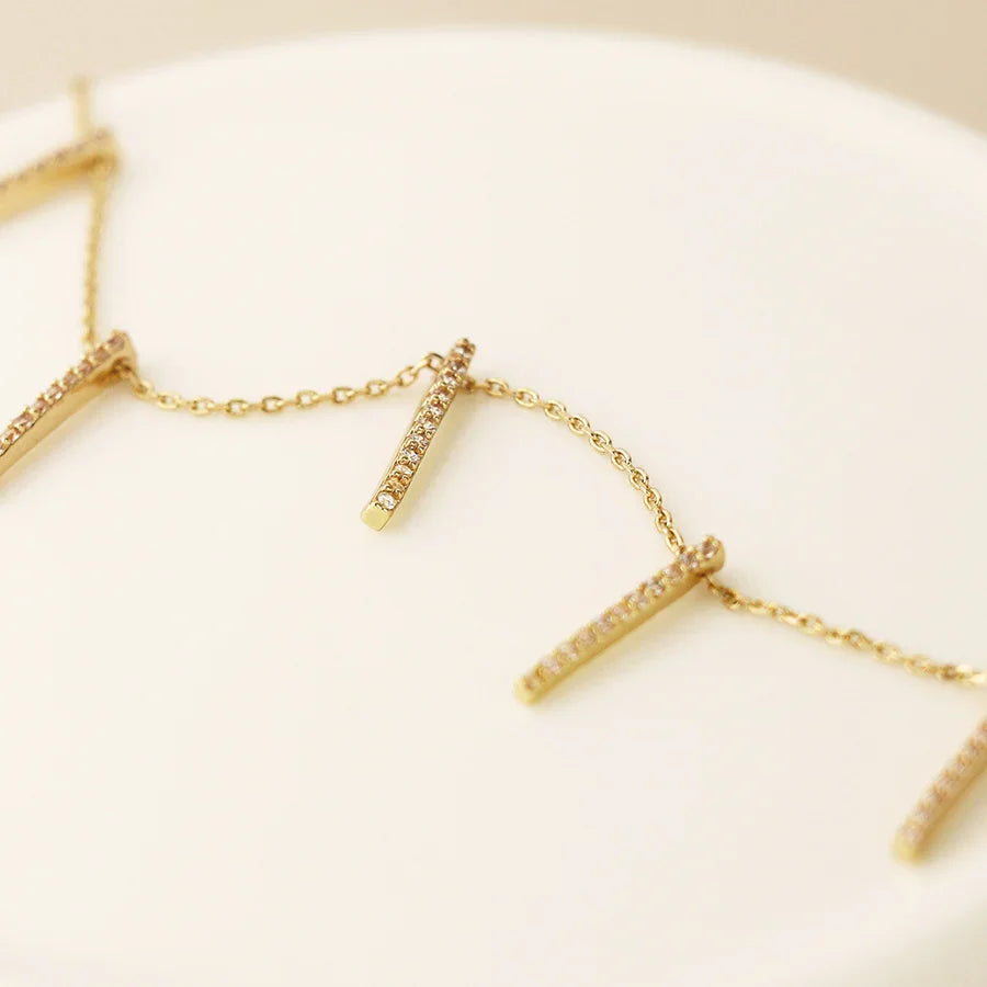 POM - Golden Fine Chain & Crystal Bars Drop Necklace