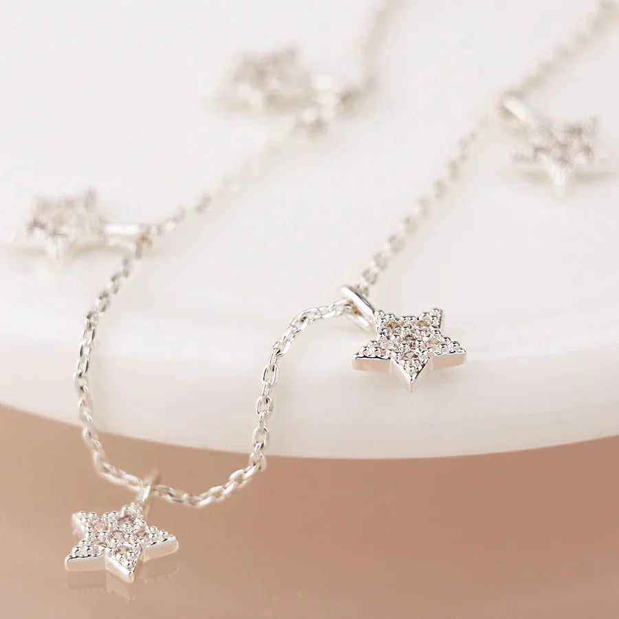 POM - Silver Plated Chain & Crystal Star Drops Necklace