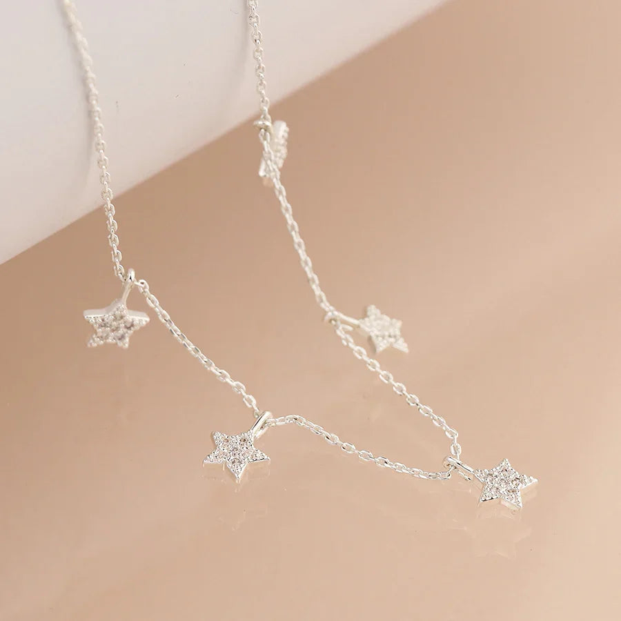 POM - Silver Plated Chain & Crystal Star Drops Necklace