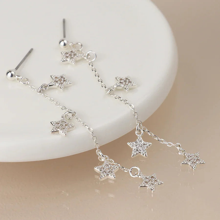 POM - Silver Plated Chain & Crystal Star Drop Earrings