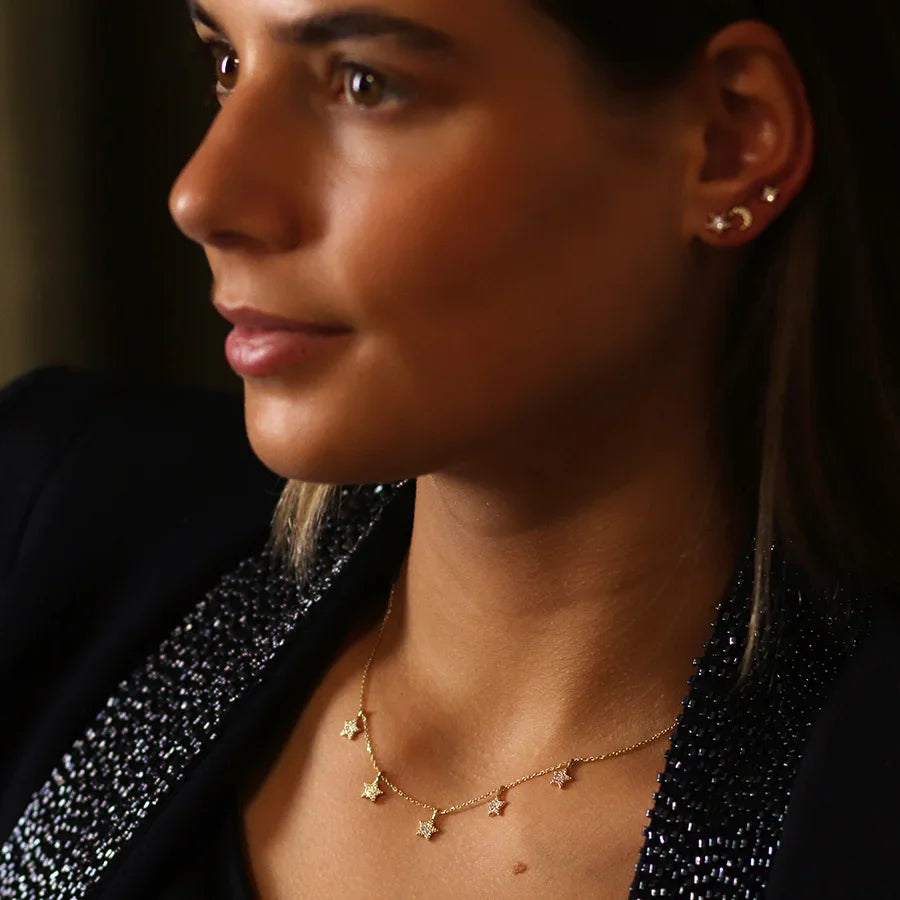 POM - Golden Fine Chain & Crystal Star Drops Necklace