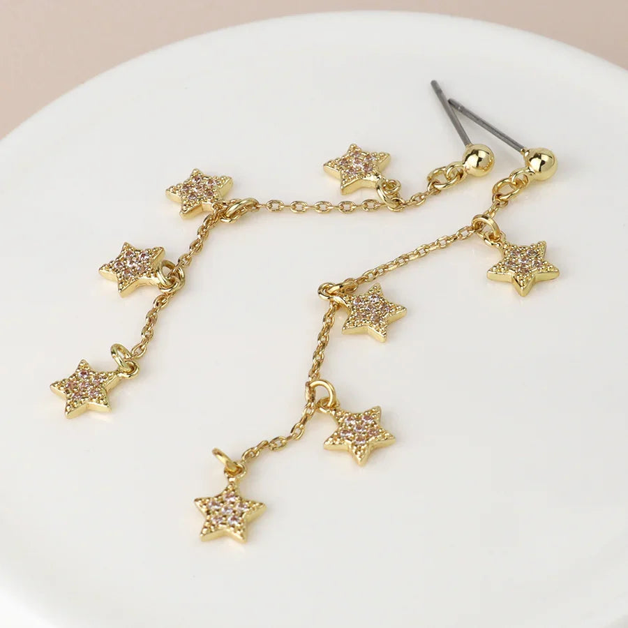 Golden Fine Chain & Crystal Star Drop Earrings