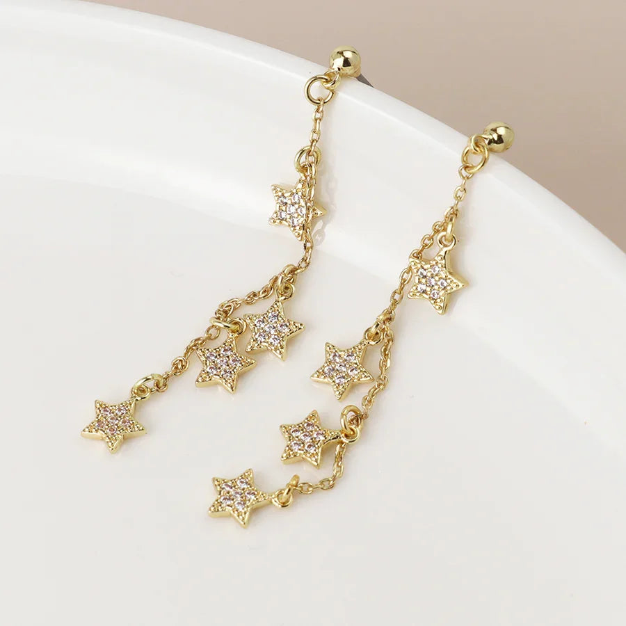 Golden Fine Chain & Crystal Star Drop Earrings