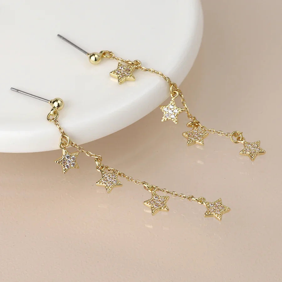 Golden Fine Chain & Crystal Star Drop Earrings