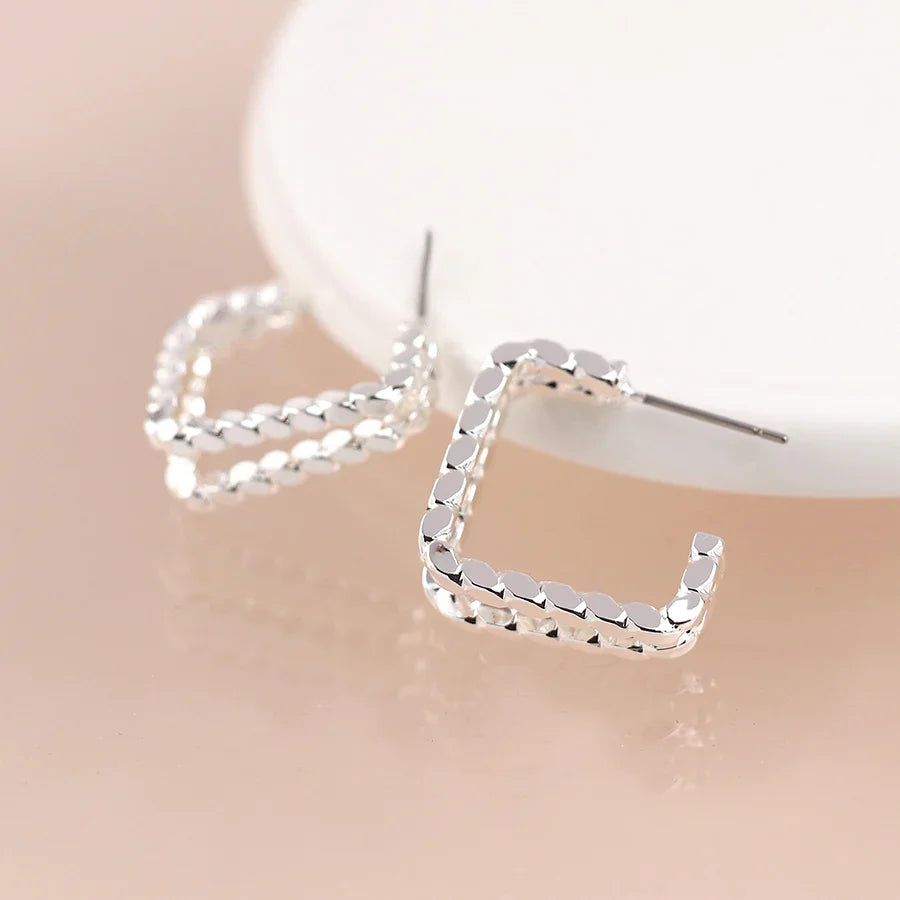Silver Plated Double Twist Strand Square Earrings