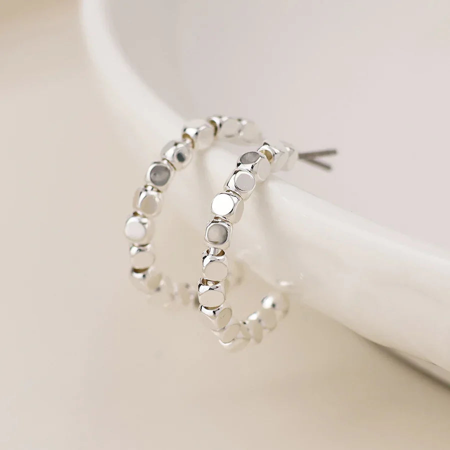 Silver Plated Cube Bead Hoop Earrings