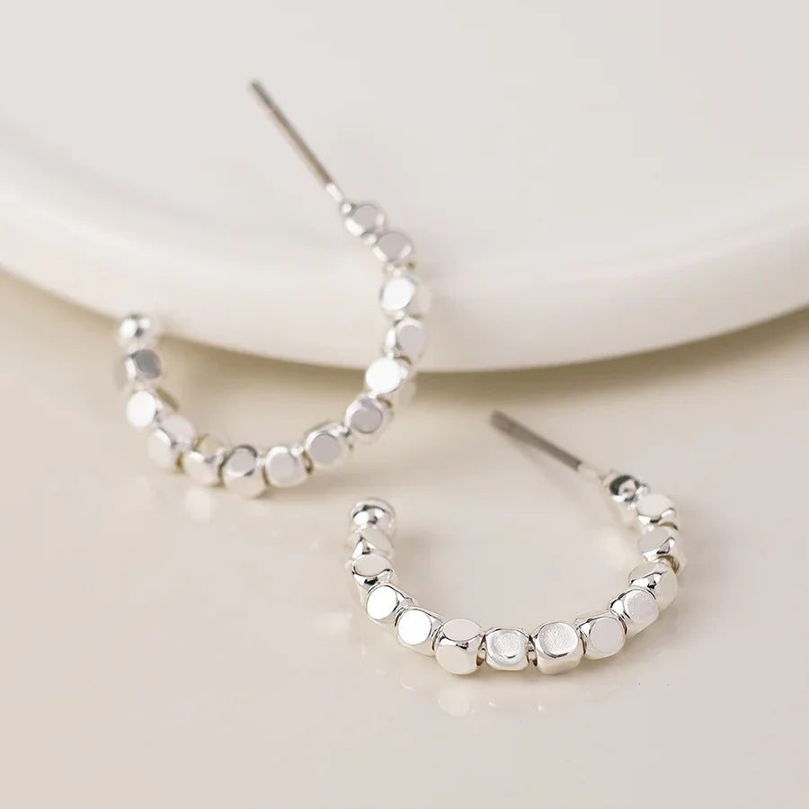 Silver Plated Cube Bead Hoop Earrings