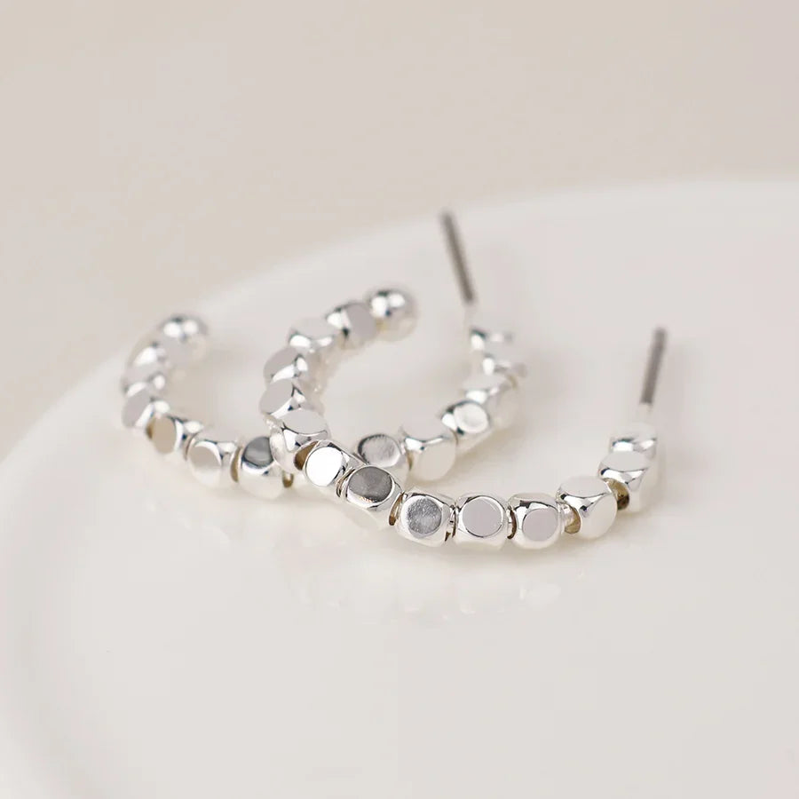 Silver Plated Cube Bead Hoop Earrings