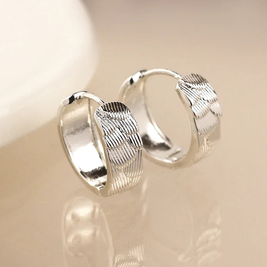 Silver Plated Scallop Embossed Hoop Earrings