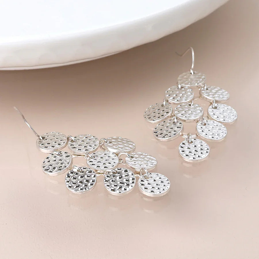Silver Plated Multi Hammered Disc Drop Earrings