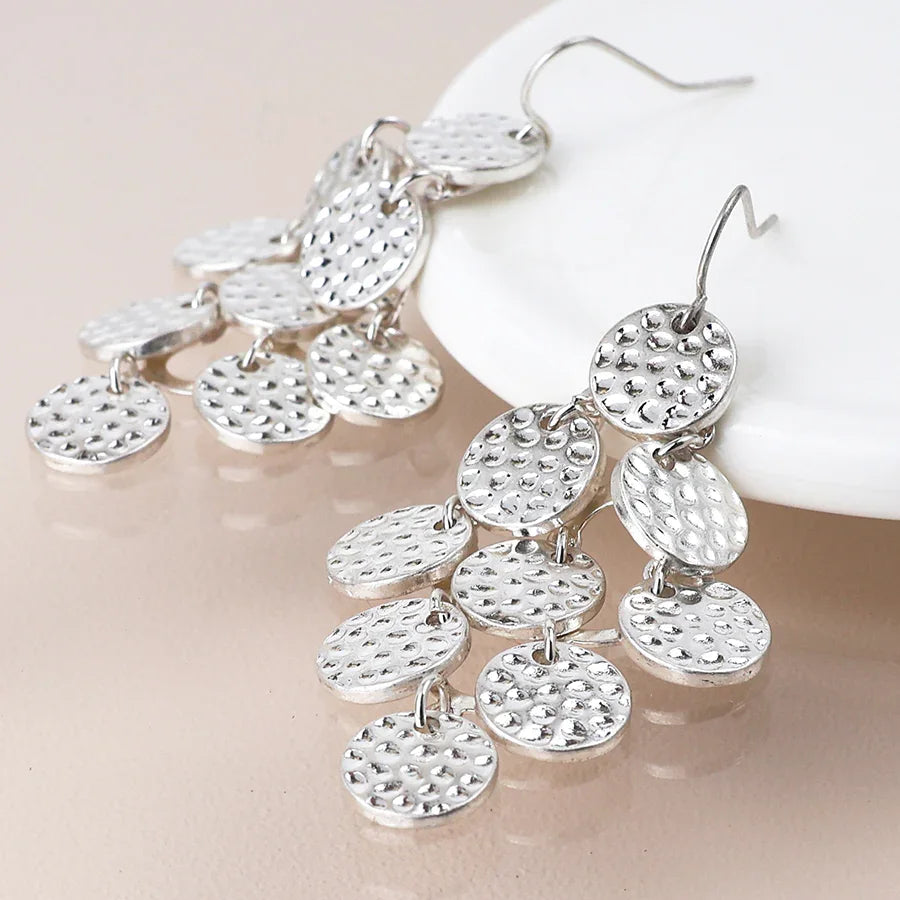Silver Plated Multi Hammered Disc Drop Earrings