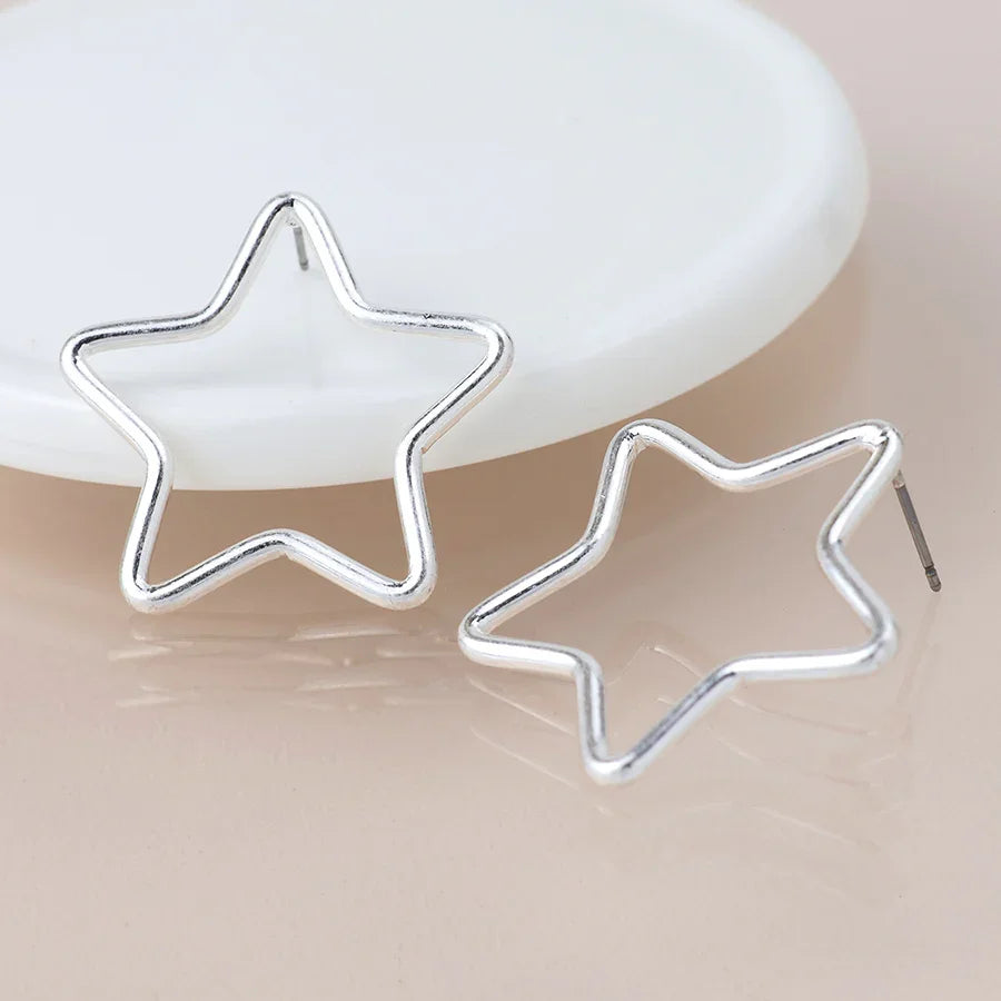 POM - Silver Plated Worn Open Star Earrings