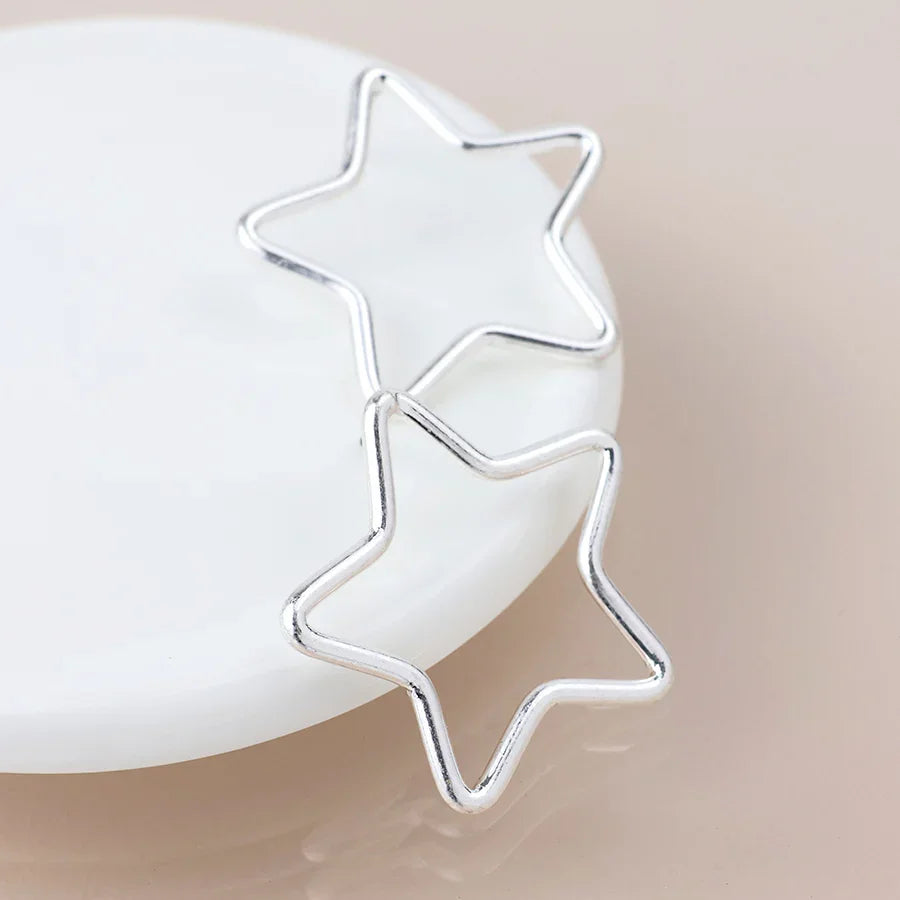 POM - Silver Plated Worn Open Star Earrings