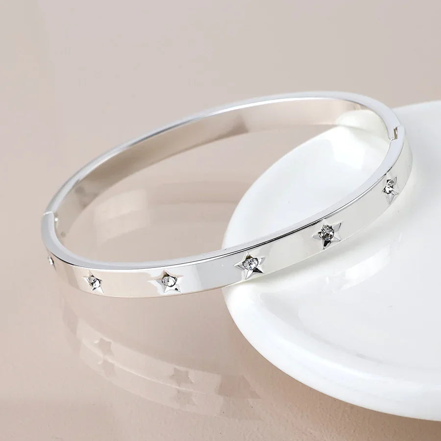 POM - Silver Plated Crystal Stars Hinged Bangle