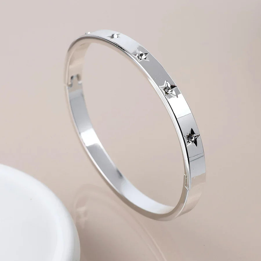 POM - Silver Plated Crystal Stars Hinged Bangle