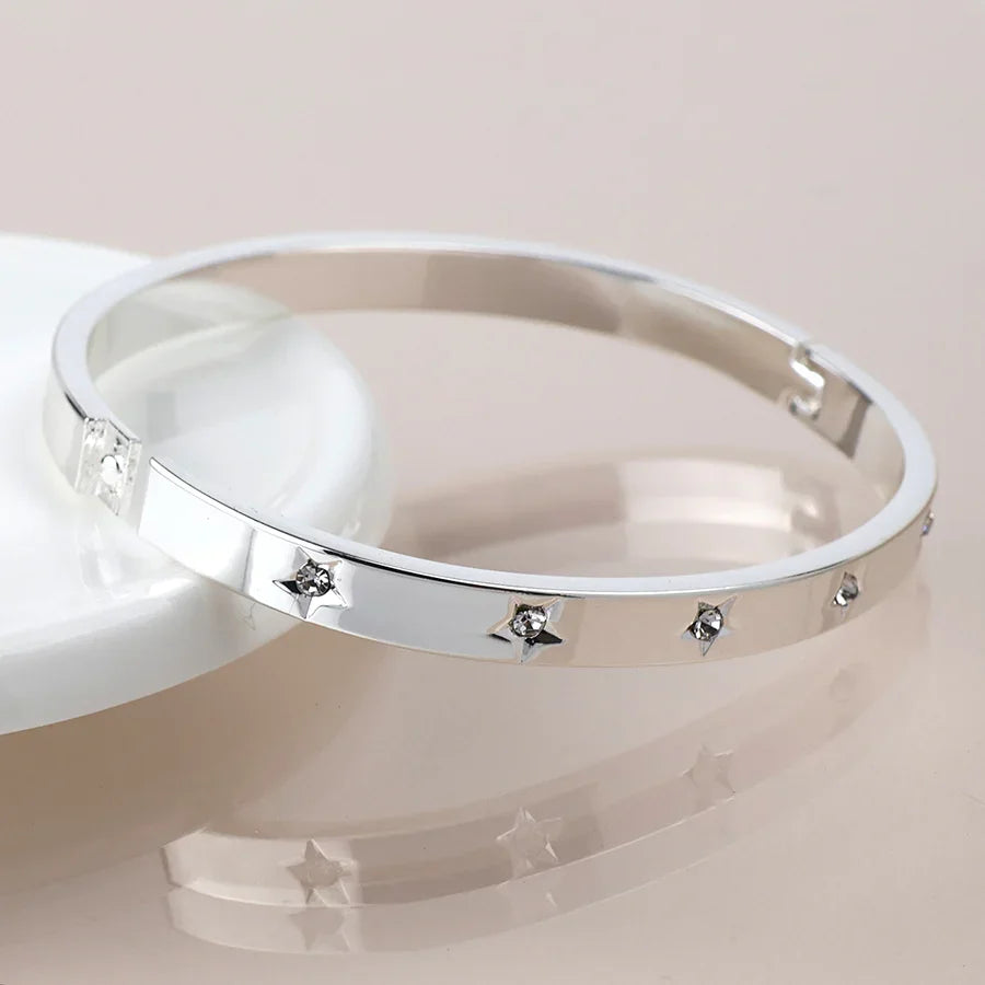 POM - Silver Plated Crystal Stars Hinged Bangle