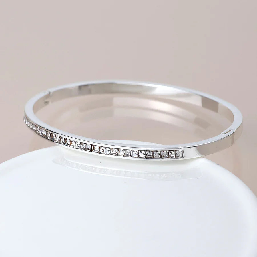 POM - Silver Plated Clear Crystals Hinged Bangle