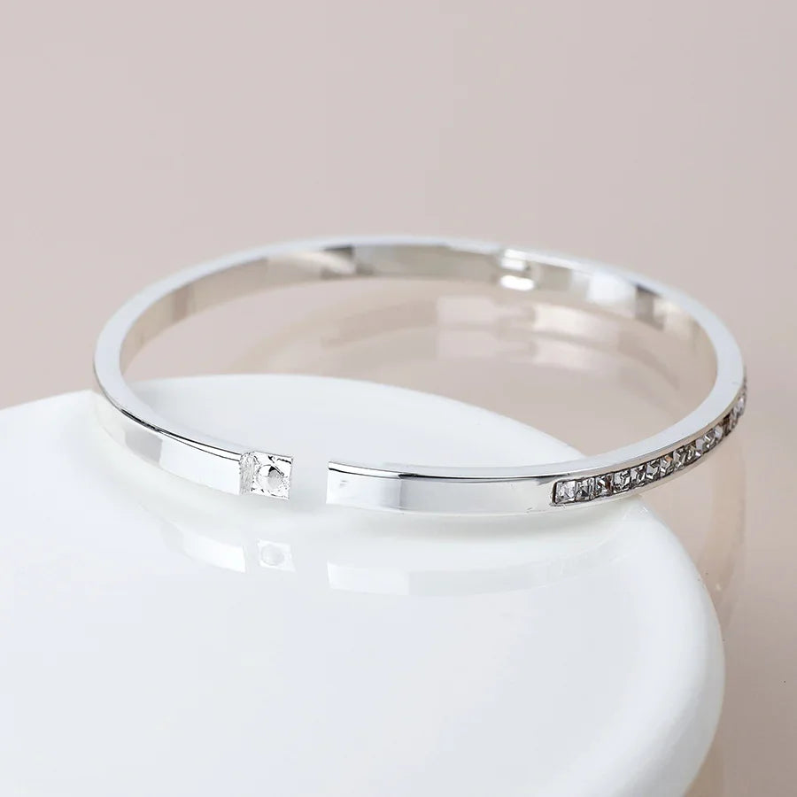 POM - Silver Plated Clear Crystals Hinged Bangle