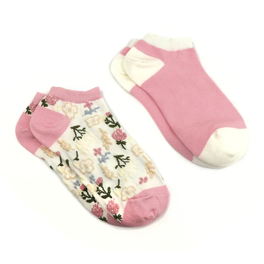 Cream and Pink Mix Pretty Floral Trainer Sock Duo