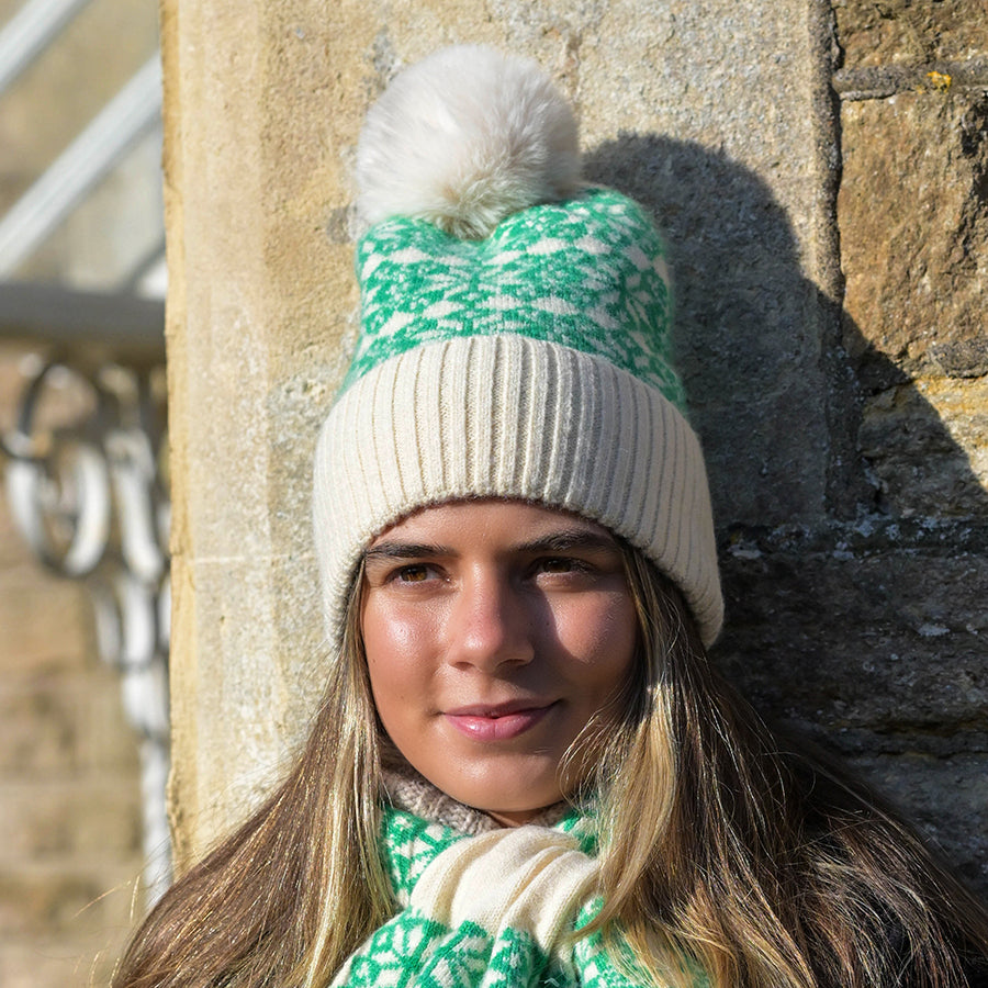 Bright Green/Cream Mix Starflower Knit Bobble Hat