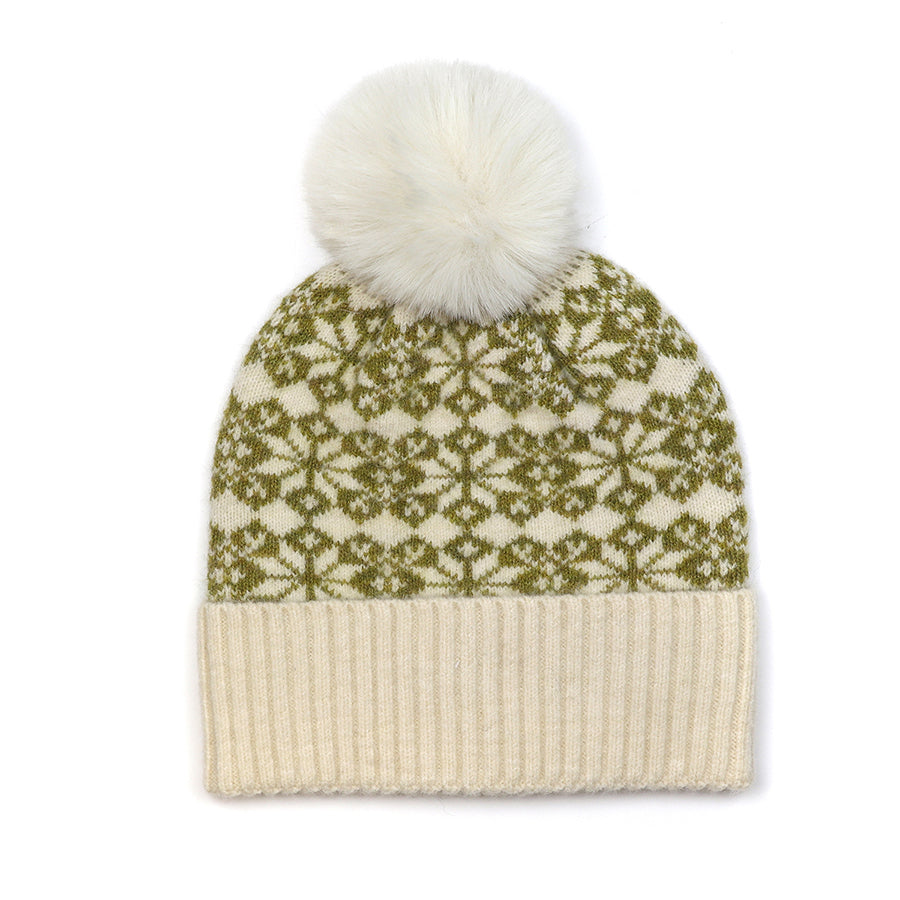 Olive & Cream Mix Starflower Knit Bobble Hat