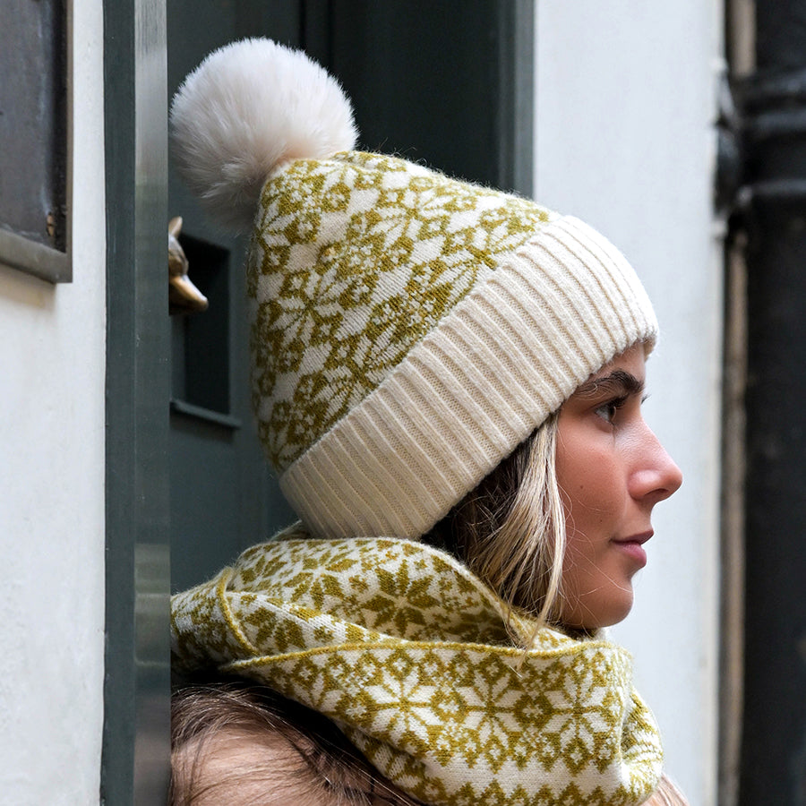 Olive & Cream Mix Starflower Knit Bobble Hat