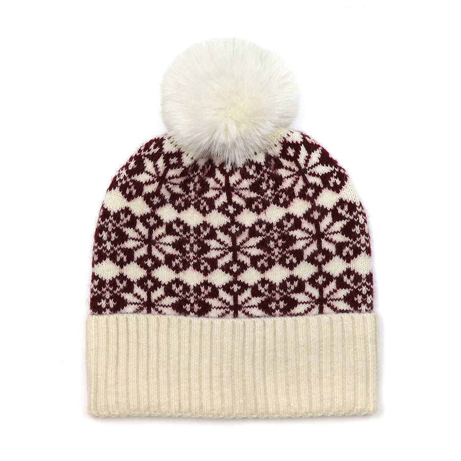 Burgundy & Cream Mix Starflower Knit Bobble Hat
