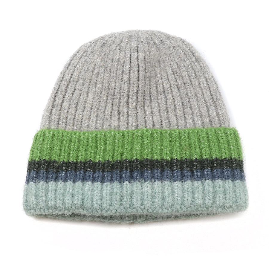 Grey, Blue & Green Ribbed Beanie