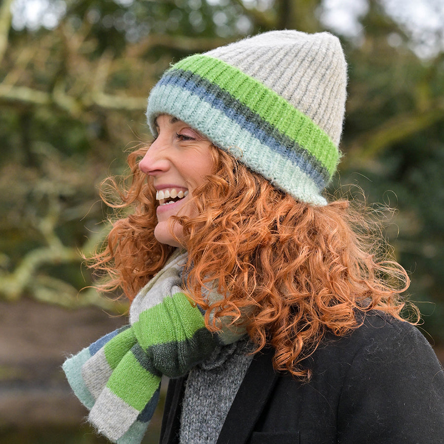 Grey, Blue & Green Ribbed Beanie
