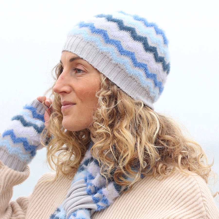 Super Soft Blue Mix Chevron Beanie Hat