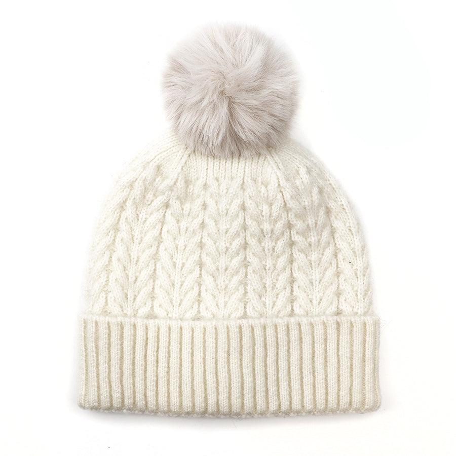 Cream Herringbone Knit & Faux Fur Bobble Hat