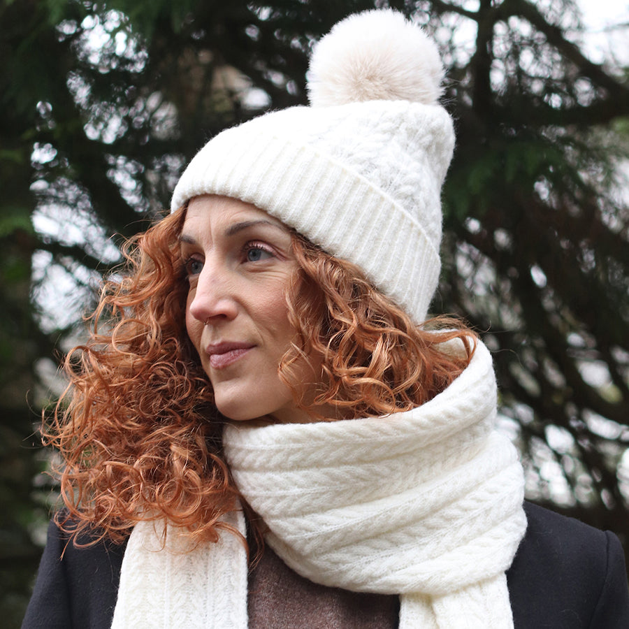 Cream Herringbone Knit & Faux Fur Bobble Hat