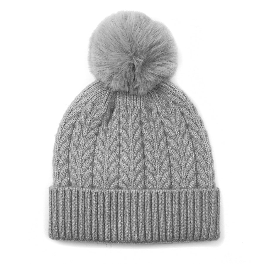 Mid Grey Herringbone Knit & Faux Fur Bobble Hat
