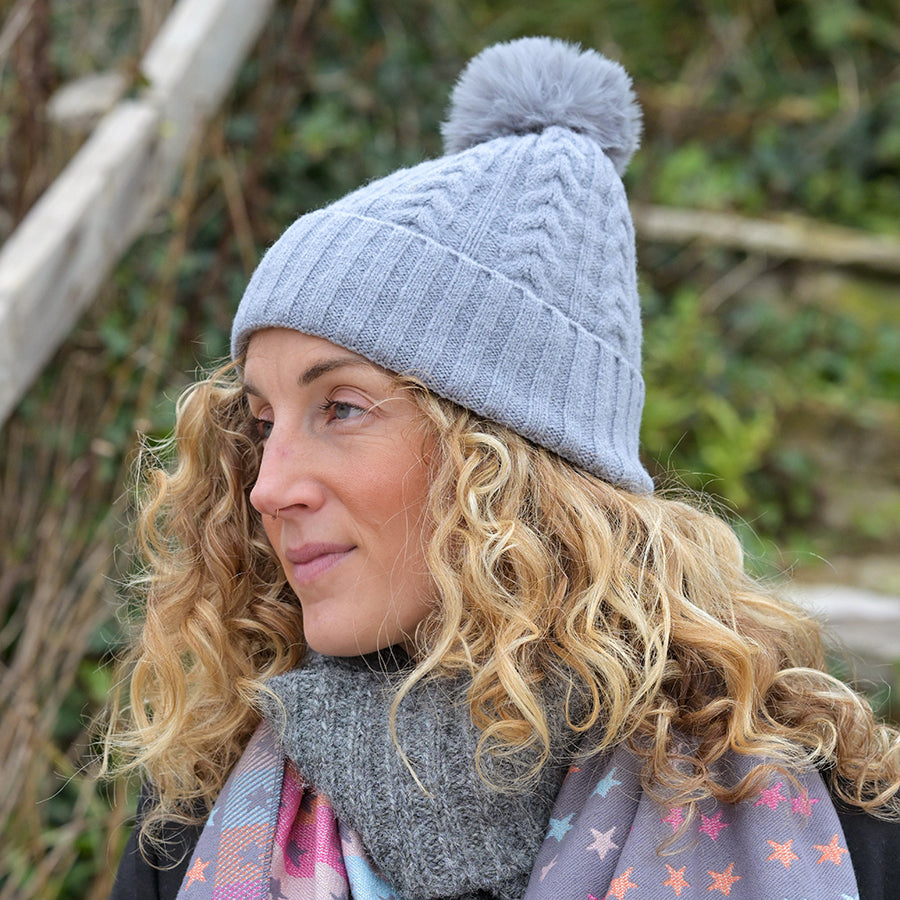 Mid Grey Herringbone Knit & Faux Fur Bobble Hat