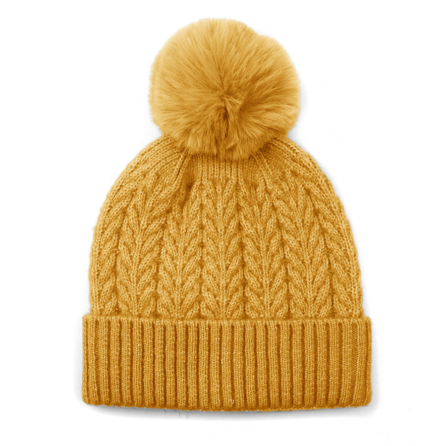 Mustard Herringbone Knit & Faux Fur Bobble Hat