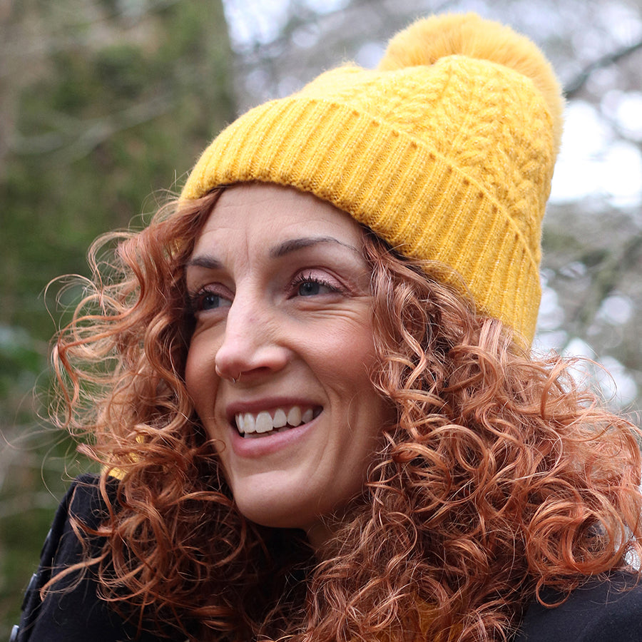 Mustard Herringbone Knit & Faux Fur Bobble Hat