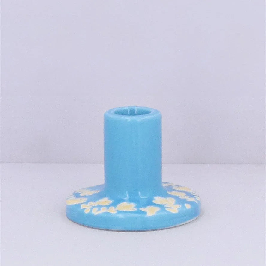 Ceramic Candle Holder - Blue with Orange Flowers