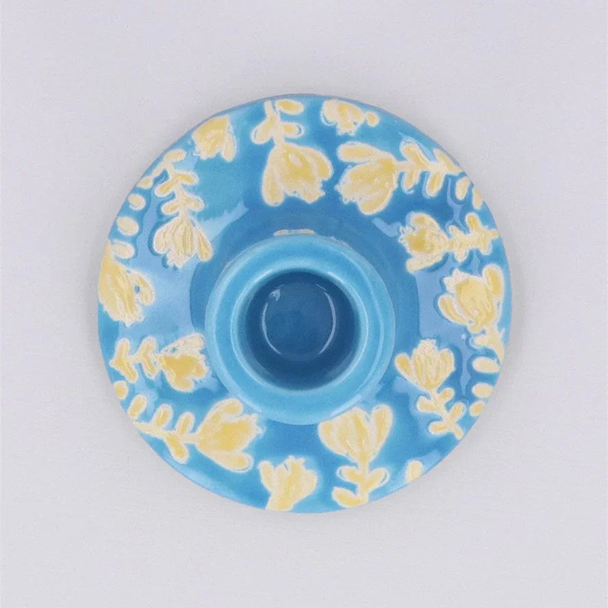 Ceramic Candle Holder - Blue with Orange Flowers
