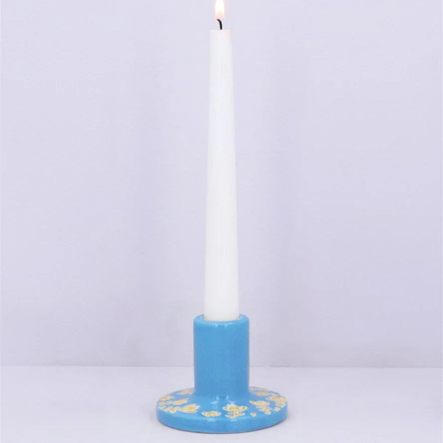 Ceramic Candle Holder - Blue with Orange Flowers