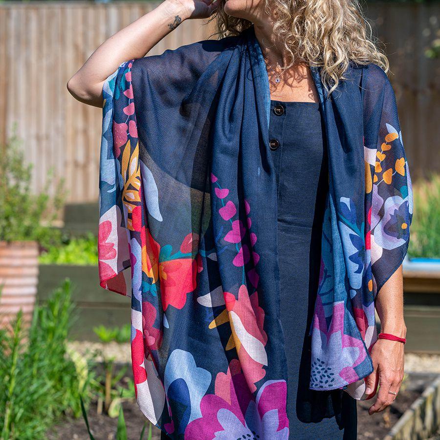 POM - Navy Blue Recycled Scarf with Tropical Print Edge