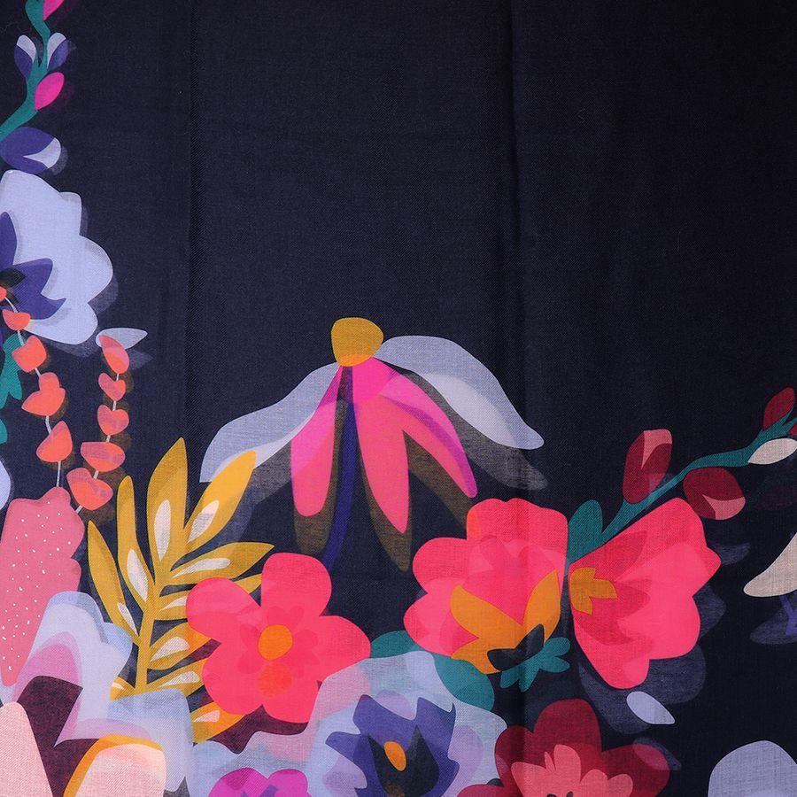 POM - Navy Blue Recycled Scarf with Tropical Print Edge