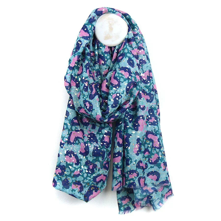 POM - Recycled Aqua & Metallic Overlay Animal Print Scarf