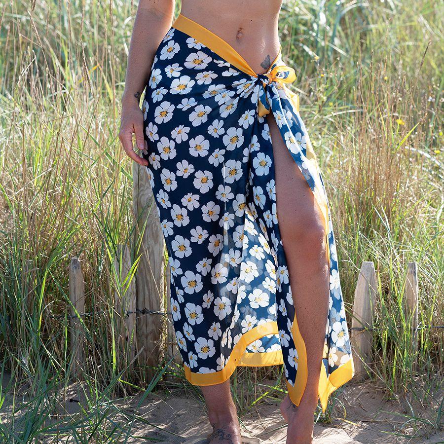POM - Silky Navy Pansy Print Scarf with Yellow Border